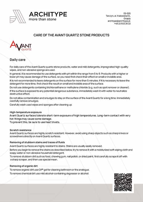 Avant Quartz. Produkters vedlikeholdshåndbok